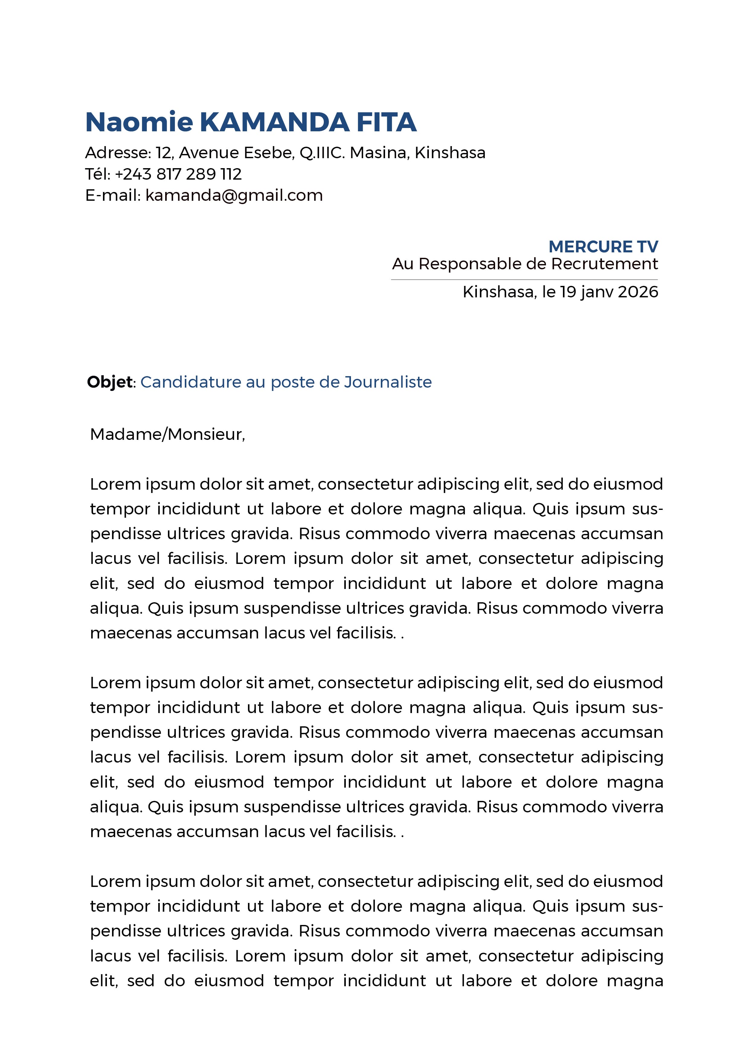 Lettre de Motivation Standard